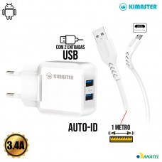 Kit Carregador Universal de Tomada Auto-ID 2 USB 3.4A + Cabo Micro USB V8 1m Kimaster - KT608X Branco